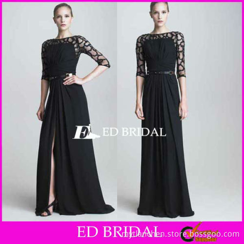 A Line Round Neckline Floor Sweeping Hem Draping Jersey Lace Front Slit Thin Leather Belt Evening Dress Three Quarter Sleeves